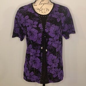 Vintage Kivenst stretch slinky floral rhinestone dressy top L